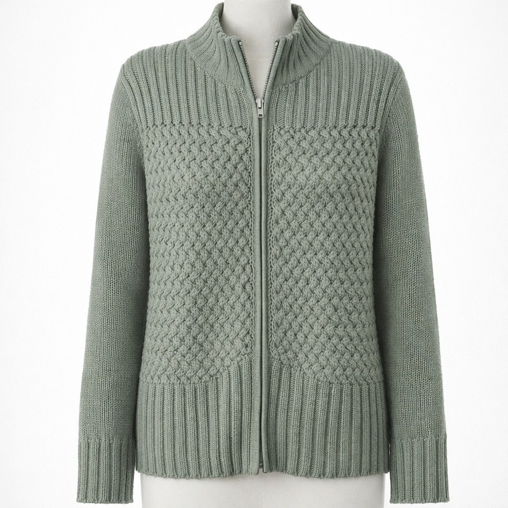 Vintage Textured Chunky Knit Zip Cardigan Sz XL Green Cottagecore Classic‎ Cabin